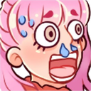 Anime girl with pink hair and wide eyes looking panicked with blue sweat drops on her face.