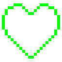 Heart shape outlined in neon green pixels against a solid black background.