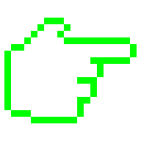 A pixelated hand with a neon green outline points to the right against a black background.