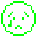 A green pixelated face with a sad expression and a single teardrop on a black background.
