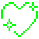 Heart shape outlined in bright green pixels with two small sparkle icons on opposite sides.
