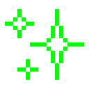 A bright green pixelated sparkle icon against a black background.
