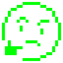 A pixelated green smiley face resting its chin on a hand while looking skeptical.