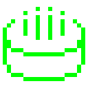 A pixelated neon green cake icon with four vertical lines representing candles on a black background.