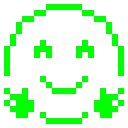Face with a simple smile and two hands raised in a welcoming gesture, rendered in bright green pixels against a black back...
