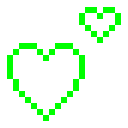 Two green pixelated heart outlines floating against a black background.