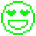 Smiley face with heart-shaped eyes rendered in bright green pixels against a black background.