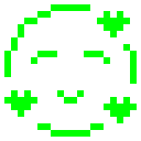 A green pixel art face with a happy expression and three floating hearts on a black background.