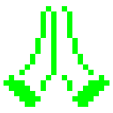 Hands pressed together in a prayer-like gesture rendered in bright green pixel art.