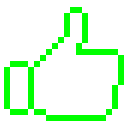 Hand showing a thumbs-up gesture rendered in a neon green pixel art style against a black background.