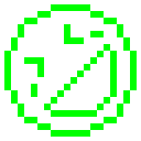 A pixelated green face with a wide, lopsided mischievous grin on a black background.