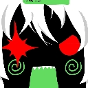 An abstract character with a glowing red star eye and green swirls on its cheeks showing intense, chaotic anger.