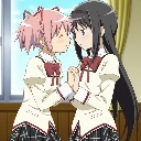 Madoka Kaname and Homura Akemi holding hands and leaning in close with affectionate expressions.