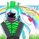 A neon-colored character with a green crown and dark visor stands in front of a rainbow with the text I HATE KIDS and a red …