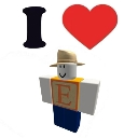 Roblox character wearing a hat and an E shirt next to a red heart symbol.