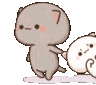 A gray cat character pulling a white cat character along by the hand.