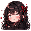 Anime girl with long black hair and a red bow rolling her eyes with a bored expression.
