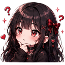 Anime girl with dark hair and red hearts around her head looking confused while resting her chin on her hand.