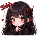 Anime girl with dark hair and a red bow holds a finger to her lips in a shushing gesture.