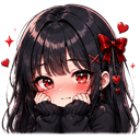 Anime girl with black hair and red eyes pouting with red hearts floating around her head.
