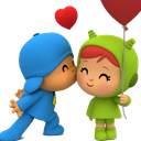 Pocoyo and a friend in a green costume kissing while holding a red heart balloon.