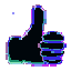 Thumbs up hand gesture with a colorful glitch and digital distortion effect.