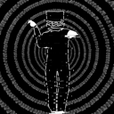 A silhouetted figure in a top hat stands in the center of a swirling black and white spiral.