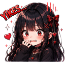 Anime girl with long dark hair and red eyes biting her nails nervously with the word Yikes written above her head.