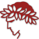 A glowing red silhouette of a person in profile wearing a laurel wreath.