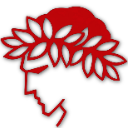 A glowing red silhouette of a Roman bust wearing a laurel wreath against a black background.