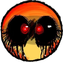 A yellow smiley face with deep, dark, bleeding eye sockets and glowing red pupils.