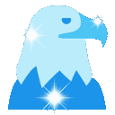 A stylized light blue bird head with a dark blue body and bright white sparkles.