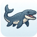 Mosasaurus swimming with its mouth open in a friendly cartoon style.