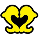 Two yellow dolphins facing each other to form a heart shape against a black background.