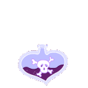 Heart-shaped potion bottle with a skull inside transforming into a grumpy pink heart creature.