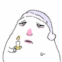 A tired-looking cartoon figure wearing a nightcap and holding a lit candle.