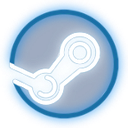A glowing white circular icon with a stylized center design set against a vibrant electric blue background.