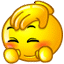 Yellow smiley face with closed eyes and blushing cheeks being patted on the head by a hand.