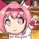 Anime girl with pink hair and cat ears waving her hand in a friendly gesture.
