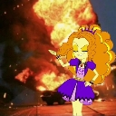 A cartoon girl with curly orange hair and a purple dress stands in front of a large, bright orange explosion.