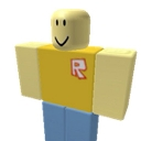 A blocky yellow character with a simple smile and a red letter R on their shirt.