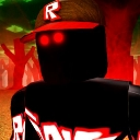 A dark, blocky character with glowing red eyes and a cap stares forward from a red, shadowy background.