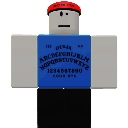 A blocky gray character wearing a blue shirt with a spirit board alphabet and number layout.