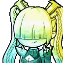 Anime girl with glowing hair making a rock-on hand gesture with eyes obscured by bangs.
