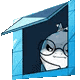 A gray shark wearing round glasses peers suspiciously through a blue window frame.