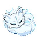 A small white fox with multiple tails sleeping peacefully with its eyes closed.