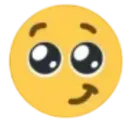Yellow circular face with large, wide, glossy eyes and a small, sly, one-sided smirk.