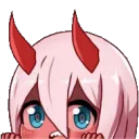 A cute anime girl with pink hair and red horns peeking over the bottom edge with a shy, blushing expression.