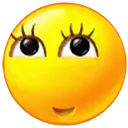 Yellow smiley face with large black eyes and long eyelashes looking upwards with a slight smile.