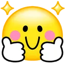 Yellow smiley face with rosy cheeks and sparkling eyes giving a double thumbs up gesture.
